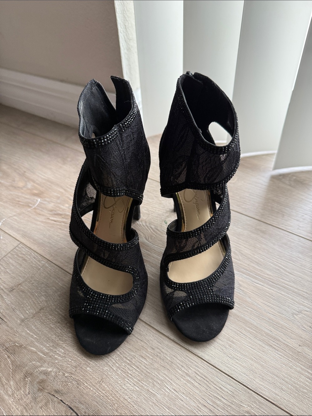 Jessica Simpson Black Lace Open-Toe Strappy Heels with Rhinestone Accents